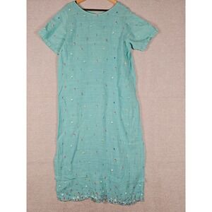 C.C. Collection Vintage 100% Linen Floral Dress Large Teal Green Made in USA L